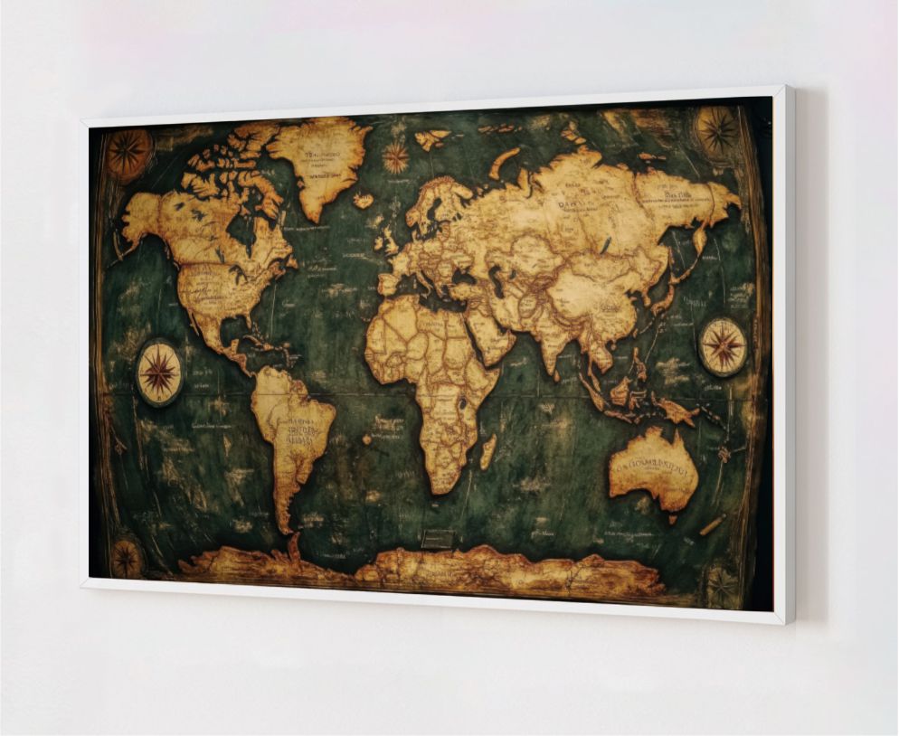 Quadro Decorativo Mapa Mundi Clássico em Adesivo com Moldura Caixa