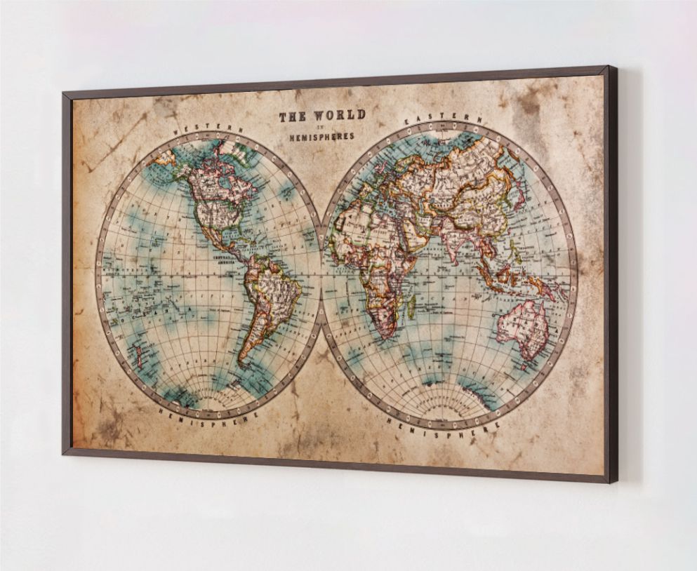 Quadro Decorativo Mapa Hemisférios em Adesivo com Moldura Caixa