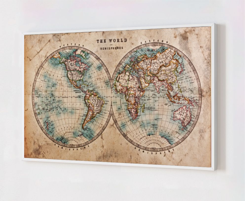 Quadro Decorativo Mapa Hemisférios em Adesivo com Moldura Caixa