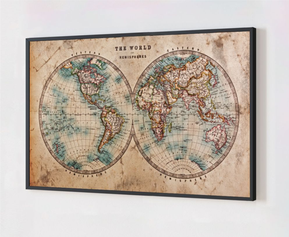Quadro Decorativo Mapa Hemisférios em Adesivo com Moldura Caixa