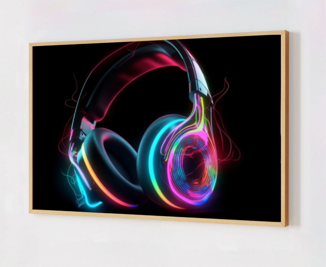 Quadro Decorativo Fone de Ouvido Neon em Adesivo com Moldura Caixa