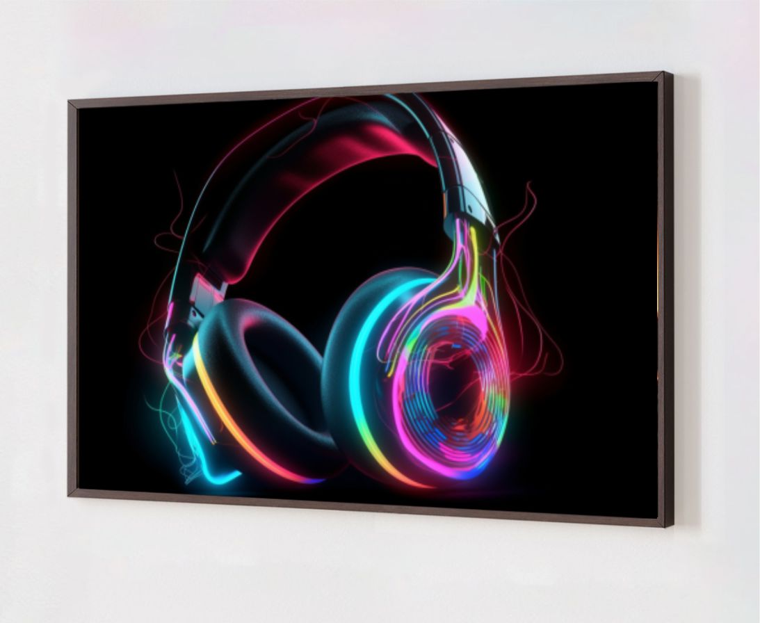 Quadro Decorativo Fone de Ouvido Neon em Adesivo com Moldura Caixa