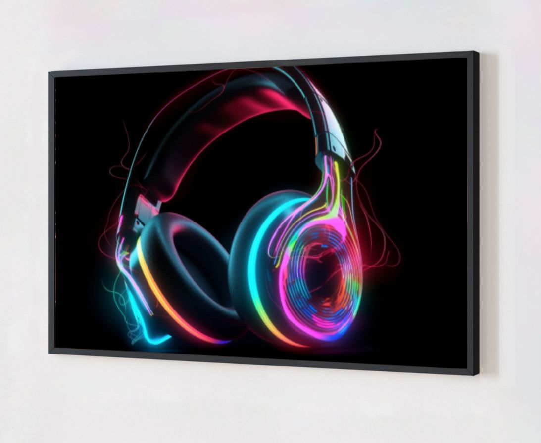 Quadro Decorativo Fone de Ouvido Neon em Adesivo com Moldura Caixa