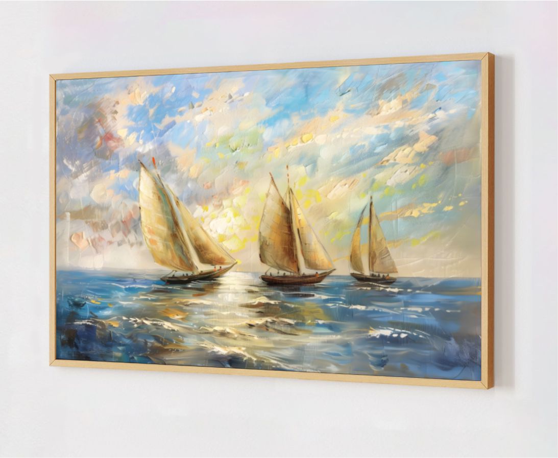 Quadro Decorativo Barcos no Mar em Adesivo com Moldura Caixa