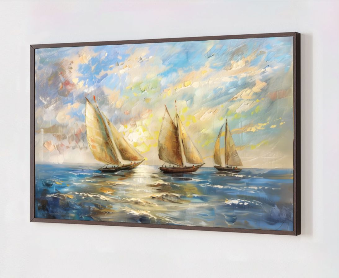 Quadro Decorativo Barcos no Mar em Adesivo com Moldura Caixa