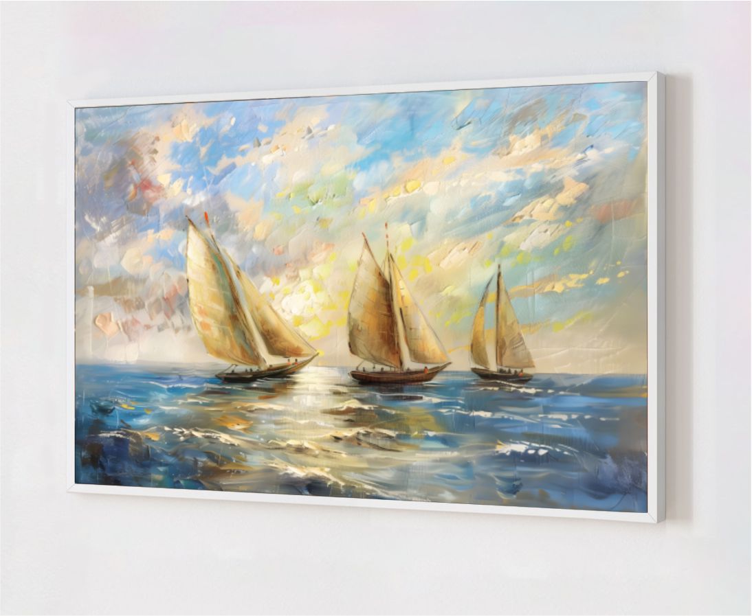 Quadro Decorativo Barcos no Mar em Adesivo com Moldura Caixa