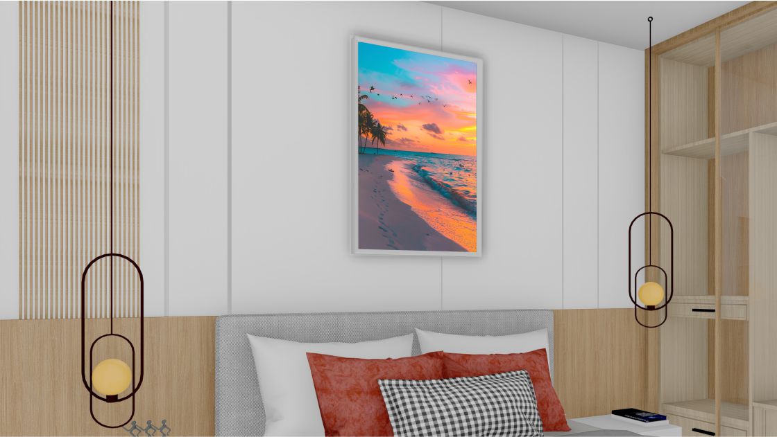 Quadro Decorativo Praia Por do Sol em Adesivo com Moldura Caixa