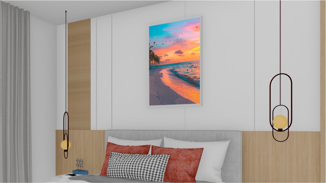Quadro Decorativo Praia Por do Sol em Adesivo com Moldura Caixa