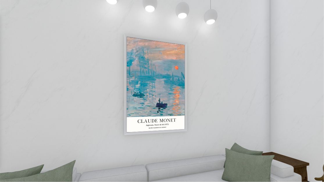 Quadro Decorativo Claude Monet Impressão Nascer do Sol em Adesivo com Moldura Caixa