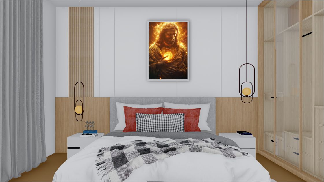 Quadro Decorativo Jesus Fogo em Adesivo com Moldura Caixa