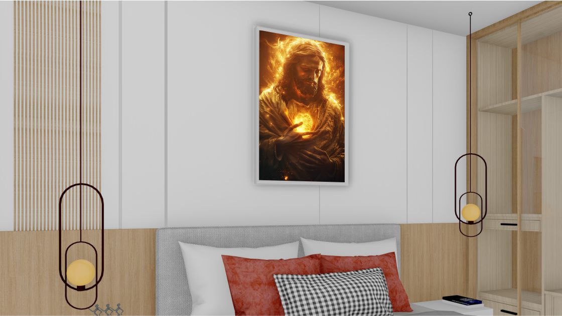 Quadro Decorativo Jesus Fogo em Adesivo com Moldura Caixa
