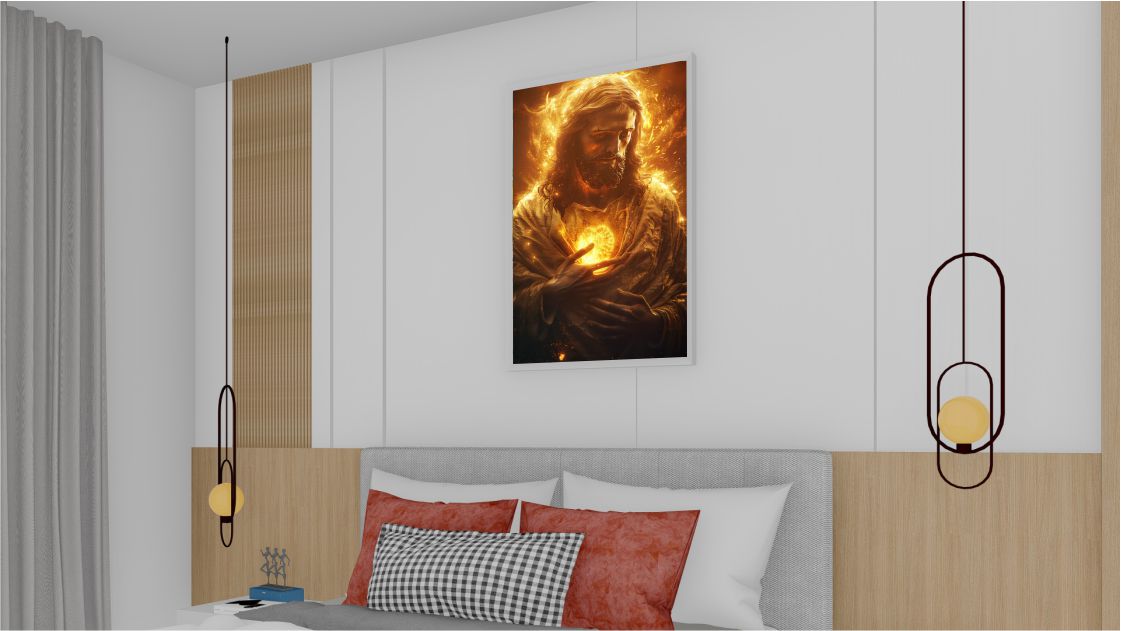 Quadro Decorativo Jesus Fogo em Adesivo com Moldura Caixa