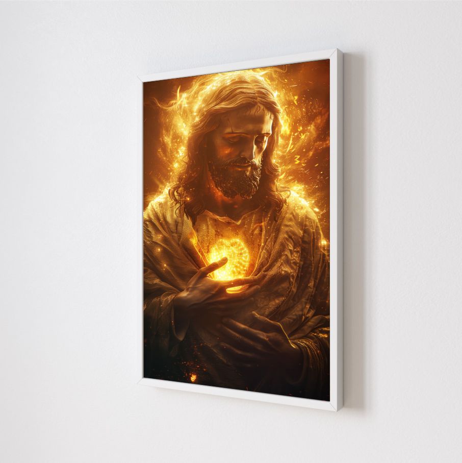 Quadro Decorativo Jesus Fogo em Adesivo com Moldura Caixa
