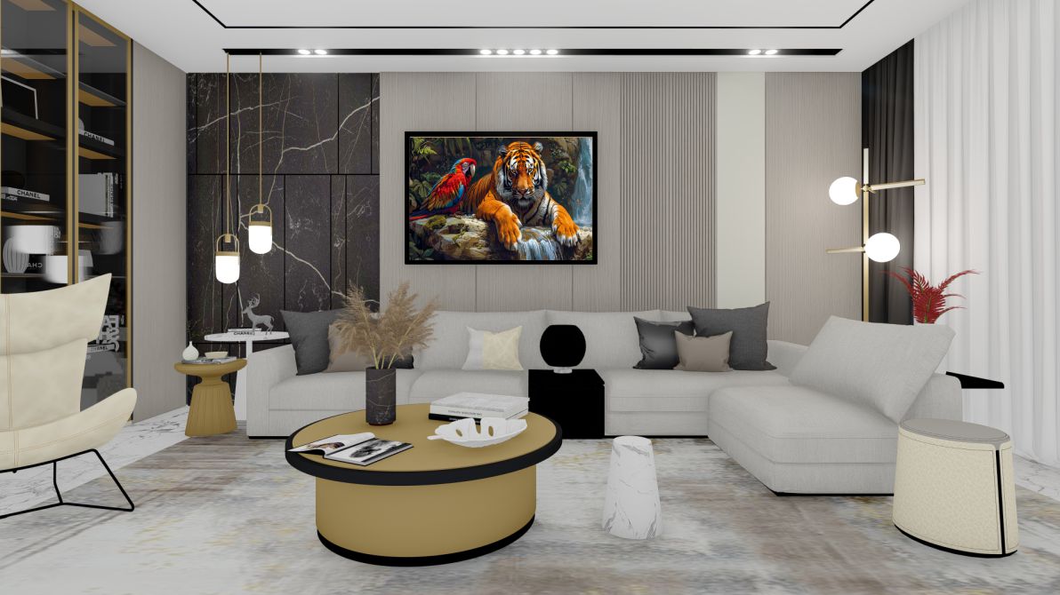 Quadro Decorativo Tigre e Arara em Adesivo com Moldura Caixa