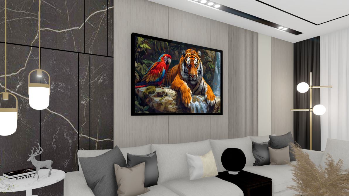 Quadro Decorativo Tigre e Arara em Adesivo com Moldura Caixa
