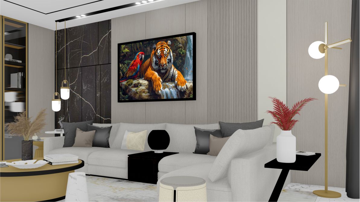 Quadro Decorativo Tigre e Arara em Adesivo com Moldura Caixa