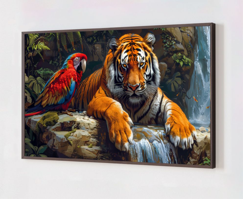 Quadro Decorativo Tigre e Arara em Adesivo com Moldura Caixa