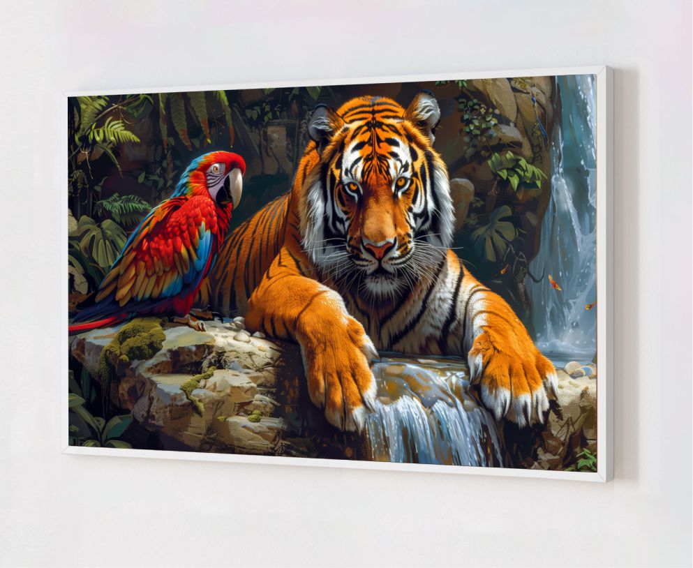 Quadro Decorativo Tigre e Arara em Adesivo com Moldura Caixa