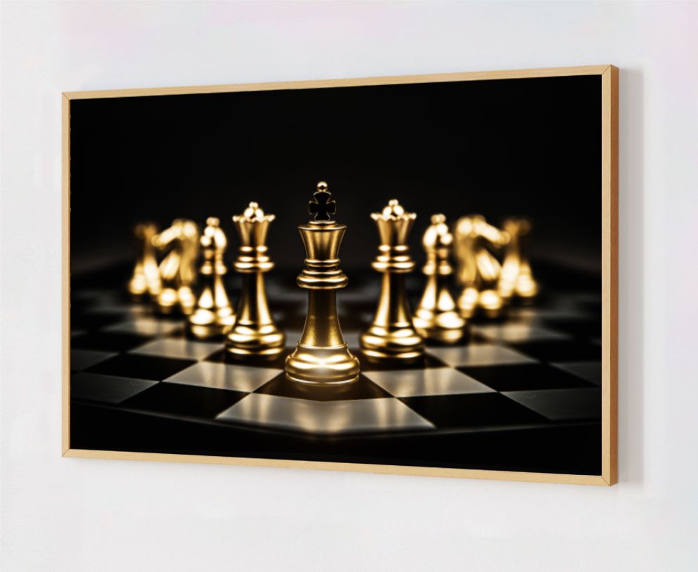 Quadro Decorativo Xadrez Dourado em Adesivo com Moldura Caixa