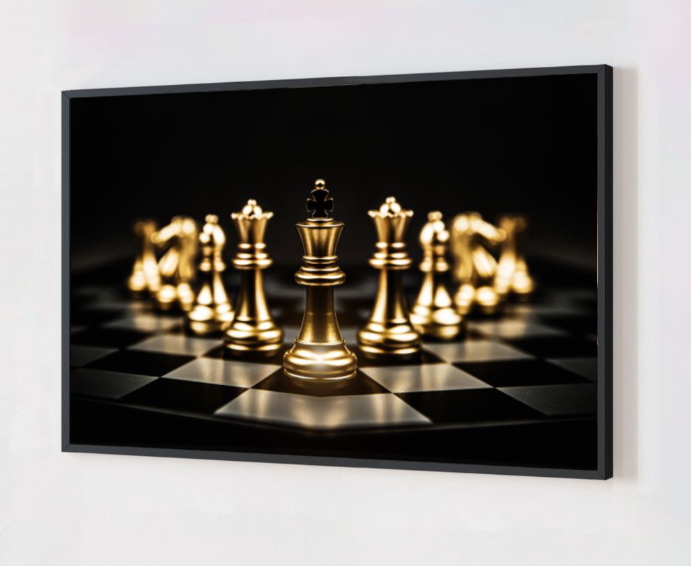 Quadro Decorativo Xadrez Dourado em Adesivo com Moldura Caixa