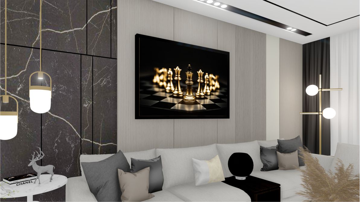 Quadro Decorativo Xadrez Dourado em Adesivo com Moldura Caixa